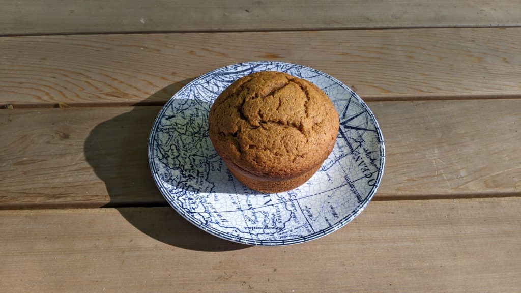A sunlit golden brown pumpkin bread muffin sits on a small blue and white plate on a weathered cedar deck.