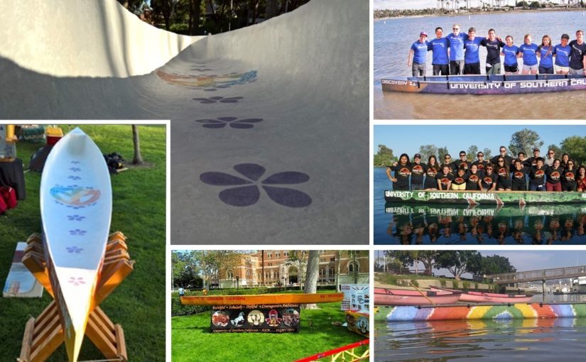 Collage of photographs of six concrete canoes built by the USC Concrete Canoe Team from 2012 - 2016.