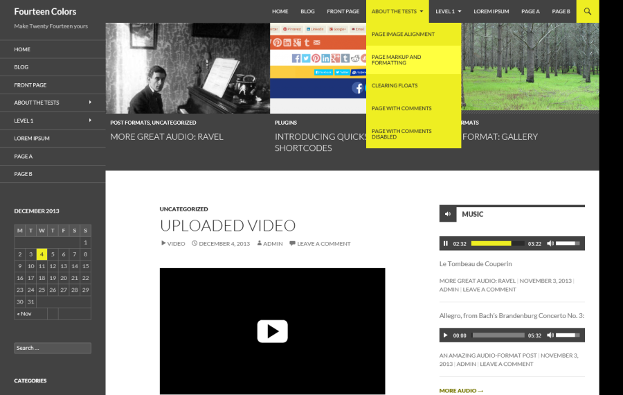 A screenshot of the Twenty Fourteen theme, with a gray contrast color and a yellow accent color applied