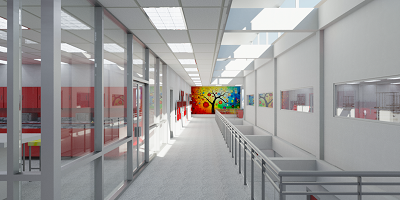 Realistic architectural rendering of a modern corridor with artwork and a skylight