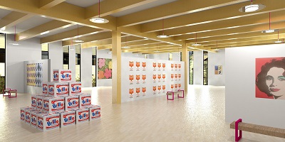 Architectural remdering of an interior space with exposed wood beams, wood flooring, and partial height walls depicting artwork by Andy Warhol