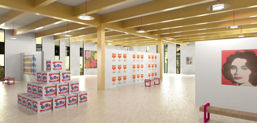 Architectural remdering of an interior space with exposed wood beams, wood flooring, and partial height walls depicting artwork by Andy Warhol