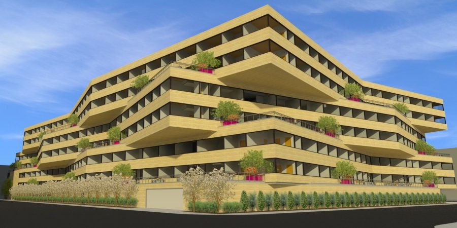 Architectural remdering showing a building with diagonally alternating masses rising seven stories above a street corner