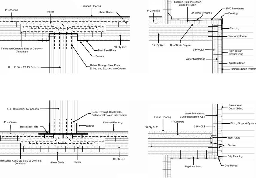 Architectural.assembly details shkwing the structure and exterior facade for a mass timber building