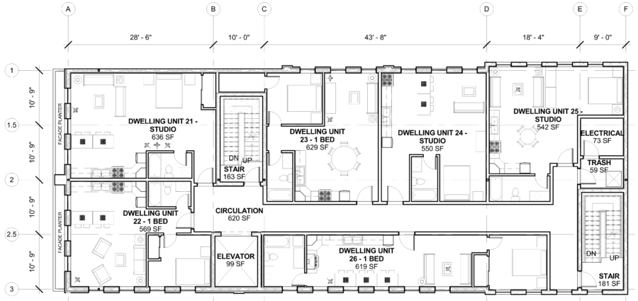 Architectural floor plan showing a proposed apartment building layout