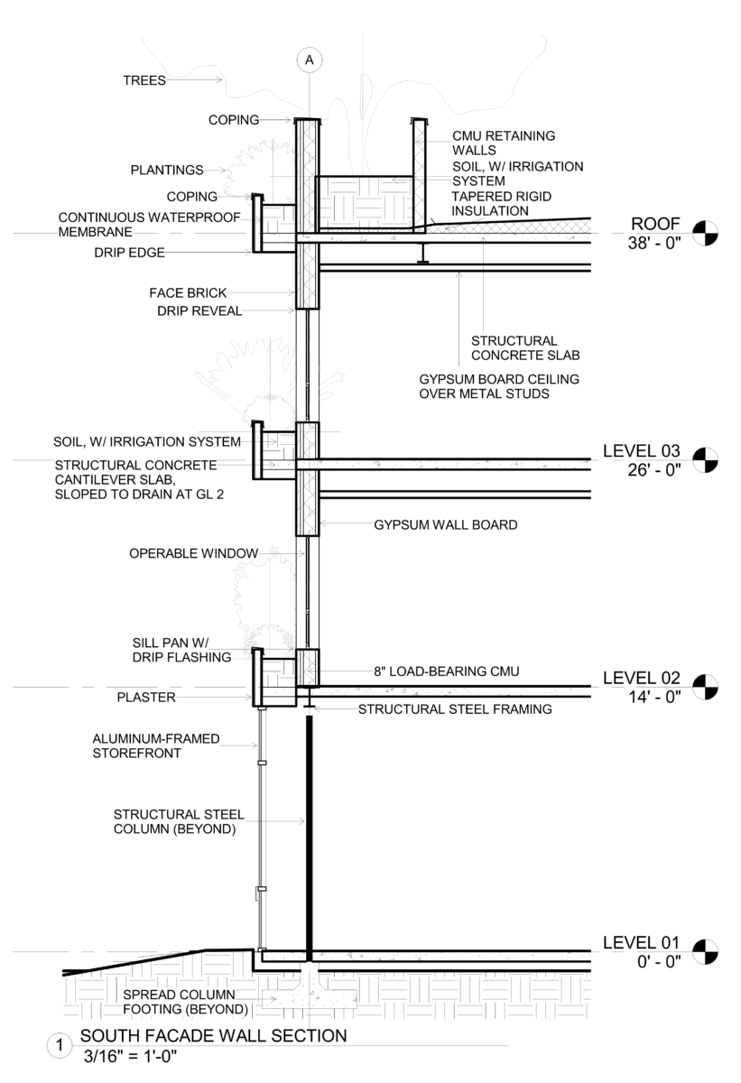Architectural detail showing a building facade cross section