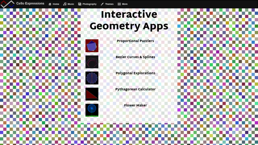 Cello Expressions Interactive Geometry Apps screenshot with apps listed over a randomly-colored grid of squares.