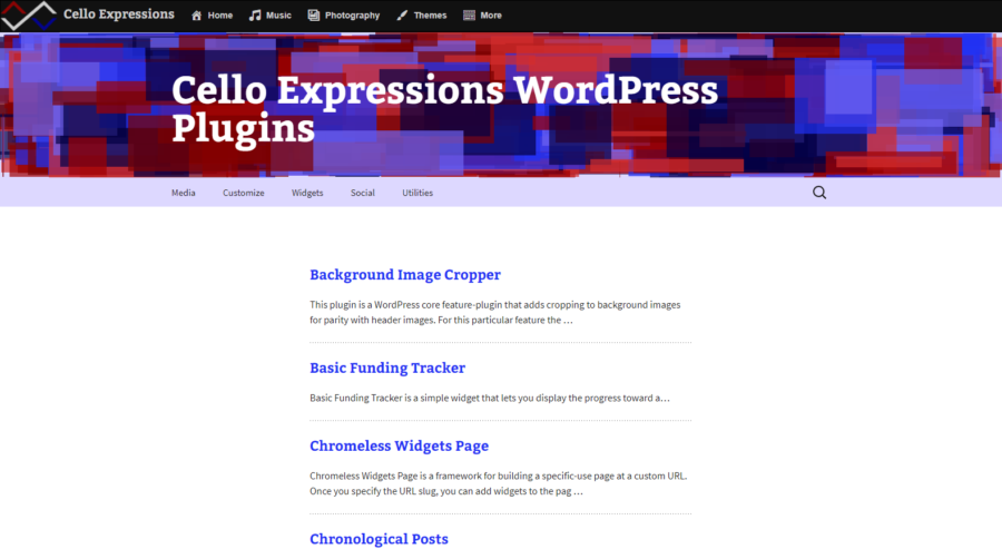 Cello Expressions WordPress Plugins screenshot showing blue and red graphics with the Twenty Thirteen WordPress theme.