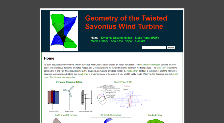 Geometry of the Twisted Savonius Wind Turbine screenshot showing animations of wind turbines and associated mathematical constructions.
