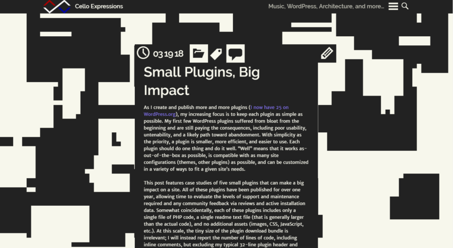 Cello Expressions blog screenshot showing an artistic orthogonal  grid of black and cream shapes with text reading "Small Plugins, Big Impact".