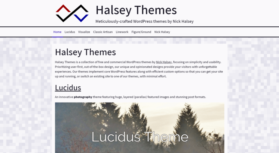 Screenshot of the Halsey Themes home page showing the Lucidus WordPress theme.