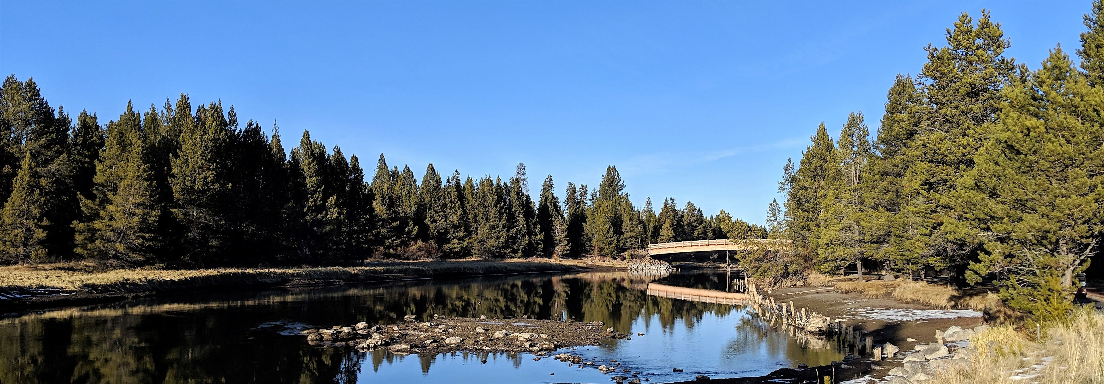 Wide orientation photo of a river through a forest with the trees reflecting in the water