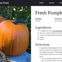 Screenshot of the Cello Expressions food website showing a recipe for "Fresh Pumpkin Pie."