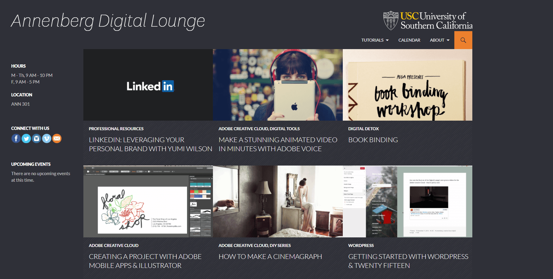 Screenshot of the USC Annenberg Digital Lounge Website from May, 2014 with the Twenty Fourteen WordPress Theme.