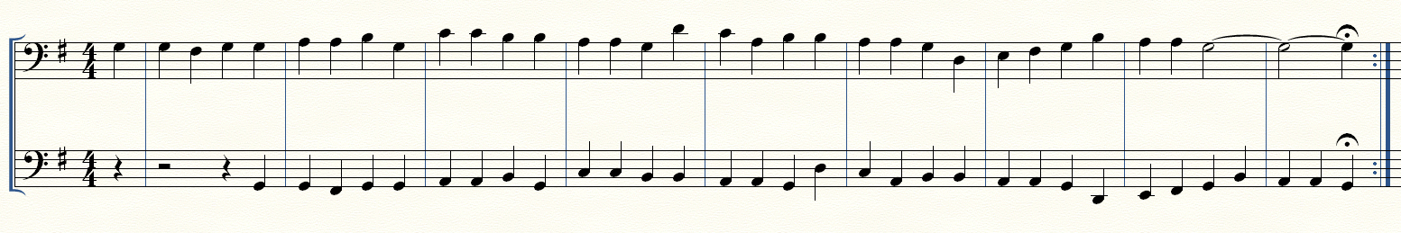 Music notation showing Tallis' Canon set in bass clef with two parts in canon at the measure and at the octave.