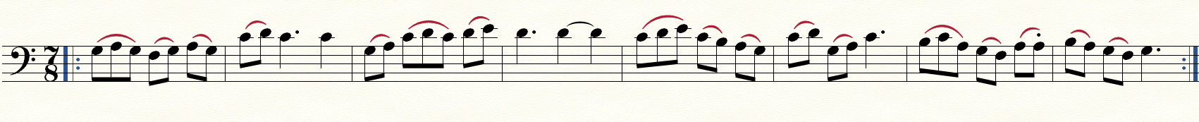 Music notation showing a 7/8 setting of Veni Creator Spiritus in bass clef.